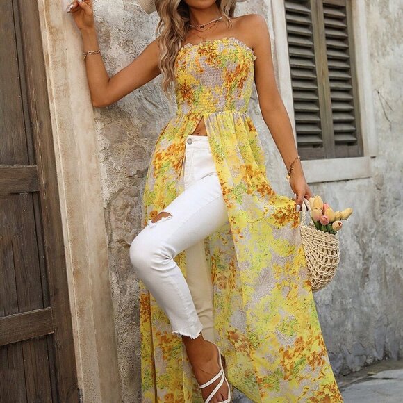 Yellow Boho Women's Floral Print Draped Front Split Hem Strapless Top - Picture 3 of 6